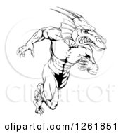 Clipart Of A Black And White Muscular Aggressive Dragon Man Mascot Running Upright Royalty Free Vector Illustration