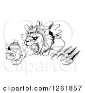 Poster, Art Print Of Black And White Roaring Lion Mascot Head Shredding Through A Wall