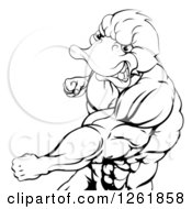 Clipart Of A Black And White Aggressive Muscular Duck Man Punching Royalty Free Vector Illustration