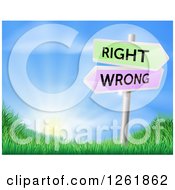 Clipart Of Directional Wrong And Right Arrow Signs Over A Sunrise And Grassy Hill Royalty Free Vector Illustration by AtStockIllustration
