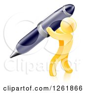 Clipart Of A 3d Gold Man Writing With A Giant Pen Royalty Free Vector Illustration by AtStockIllustration