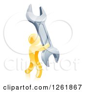 Clipart Of A 3d Gold Man Carrying A Giant Wrench Royalty Free Vector Illustration by AtStockIllustration