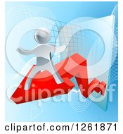 3d Victorious Silver Businessman Riding A Red Arrow Off Of A Chart