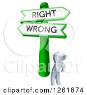 Clipart Of A 3d Silver Man Looking Up At Right And Wrong Signs Royalty Free Vector Illustration