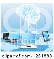 Poster, Art Print Of Network Of Laptops Cell Phones And Computers Connected To A 3d Brain