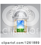 Clipart Of Opportunity Over Open Doors With Sunshine And Grass Royalty Free Vector Illustration