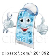 3d Happy Smart Phone Character Wearing A Hat Holding A Thumb Up And An Adjustable Wrench