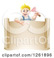 Poster, Art Print Of Blond White Male Plumber Holding A Plunger And Pointing Down At A Scroll Sign