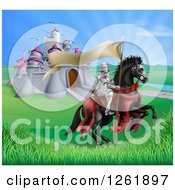 Poster, Art Print Of Horseback Medieval Knight In Armor Riding With A Banner In A Lush Landscape By A Castle