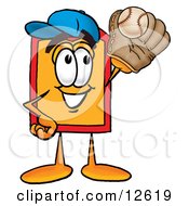 Poster, Art Print Of Price Tag Mascot Cartoon Character Catching A Baseball With A Glove