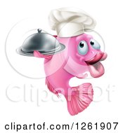 Poster, Art Print Of Happy Pink Chef Fish Holding A Cloche Platter