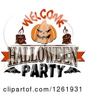 Clipart Of Candles And A Jackolantern Pumpkin With Welcome Halloween Party Text Royalty Free Vector Illustration