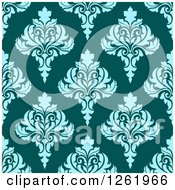 Poster, Art Print Of Seamless Background Pattern Of Blue Damask Floral On Teal