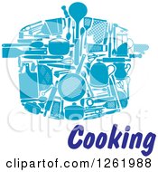 Blue Kitchen Utensils Forming A Pot Over Cooking Text