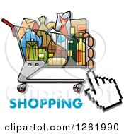 Poster, Art Print Of Hand Cursor Over A Shopping Cart Full Of Groceries And Text