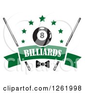 Clipart Of A Billiards Pool Eightball With Stars Cue Sticks And A Bow Over A Blank Green Banner Royalty Free Vector Illustration