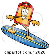 Poster, Art Print Of Price Tag Mascot Cartoon Character Surfing On A Blue And Yellow Surfboard