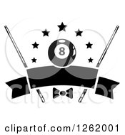 Poster, Art Print Of Black And White Billiards Pool Eightball With Stars Cue Sticks And A Bow Over A Blank Banner