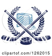Poster, Art Print Of Hockey Goal Net In A Laurel Wreath With Crossed Sticks And A Puck