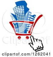 Hand Cursor Over A Shopping Cart Full Of Buildings