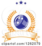 Clipart Of A Blue Bowling Ball In A Laurel Wreath Over A Blank Banner Under Stars Royalty Free Vector Illustration