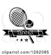 Poster, Art Print Of Black And White Tennis Racket And Ball With Stars And A Text Banner