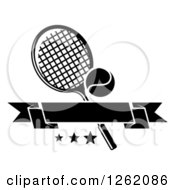 Poster, Art Print Of Black And White Tennis Racket And Ball With Stars And A Blank Banner