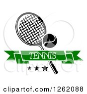 Poster, Art Print Of Tennis Racket And Ball With Stars And A Green Banner