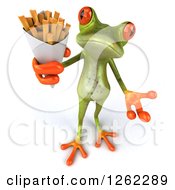 Clipart Of A 3d Green Springer Frog Holding Up French Fries Royalty Free Illustration