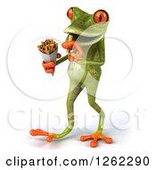 Clipart Of A 3d Green Springer Frog Walking And Eating French Fries Royalty Free Illustration