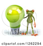 Clipart Of A 3d Green Springer Frog Standing By A Giant Green Light Bulb Royalty Free Illustration by Julos