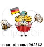 German Oktoberfest Holiday Cupcake Holding A Beer And Pretzel