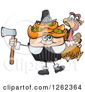Clipart Of A Pilgrim Thanksgiving Holiday Cupcake Holding A Turkey And Axe Royalty Free Vector Illustration by Dennis Holmes Designs