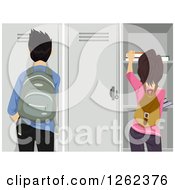 Clipart Of A Rear View Of A High School Guy And Girl At Their Lockers Royalty Free Vector Illustration