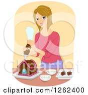 Blond Caucasian Woman Decorating A Gingerbread House