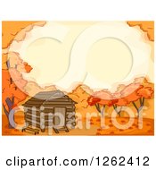 Clipart Of A Log Cabin And Autumn Tree Background Royalty Free Vector Illustration