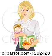 Poster, Art Print Of Blond White Daycare Worker Woman Holding A Doll And Books