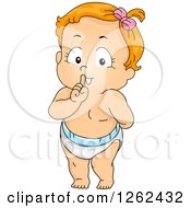 Clipart Of A Red Haired White Toddler Girl In A Diaper Gesturing To Be Quiet Royalty Free Vector Illustration
