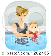 Poster, Art Print Of Blond Caucasian Mother Swimming With Her Baby Son