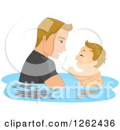 Poster, Art Print Of Blond Caucasian Father Swomming With His Baby Son