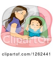 Poster, Art Print Of Brunette White Mother Sleeping With Her Baby Daughter