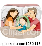 Poster, Art Print Of Brunette Caucasian Mother And Father Sleeping With Their Baby
