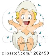 Blond White Toddler Boy Popping Out Of An Egg Shell With Blue Gender Reveal Confetti