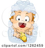 Poster, Art Print Of Red Haired White Toddler Baby Girl Taking A Bubble Bath With A Rubber Duck