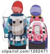 Clipart Of A Rear View Of A Winter Hiking Couple Viewing A Map Royalty Free Vector Illustration