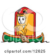 Clipart Picture Of A Price Tag Mascot Cartoon Character Rowing A Boat