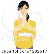 Poster, Art Print Of Happy Young Pregnant Asian Woman Holding A Plate