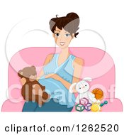 Poster, Art Print Of Happy Pregnant Brunette White Woman Sitting With A Teddy Bear And Baby Toys