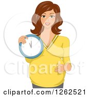 Poster, Art Print Of Happy Brunette Pregnant White Woman Holding A Clock