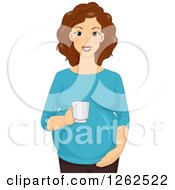 Clipart Of A Happy Pregnant Brunette White Woman Holding A Hot Beverage Royalty Free Vector Illustration